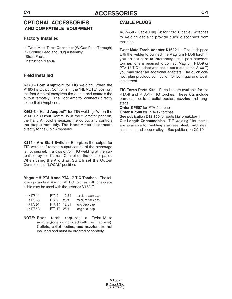 Accessories, Optional accessories | Lincoln Electric IMVERTEC V160-T User Manual | Page 25 / 36