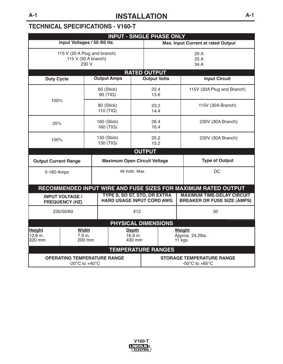 Installation, Technical specifications - v160-t | Lincoln Electric IMVERTEC V160-T User Manual | Page 8 / 36