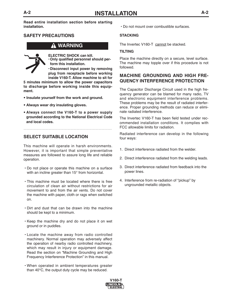 Installation, Warning | Lincoln Electric IMVERTEC V160-T User Manual | Page 9 / 36