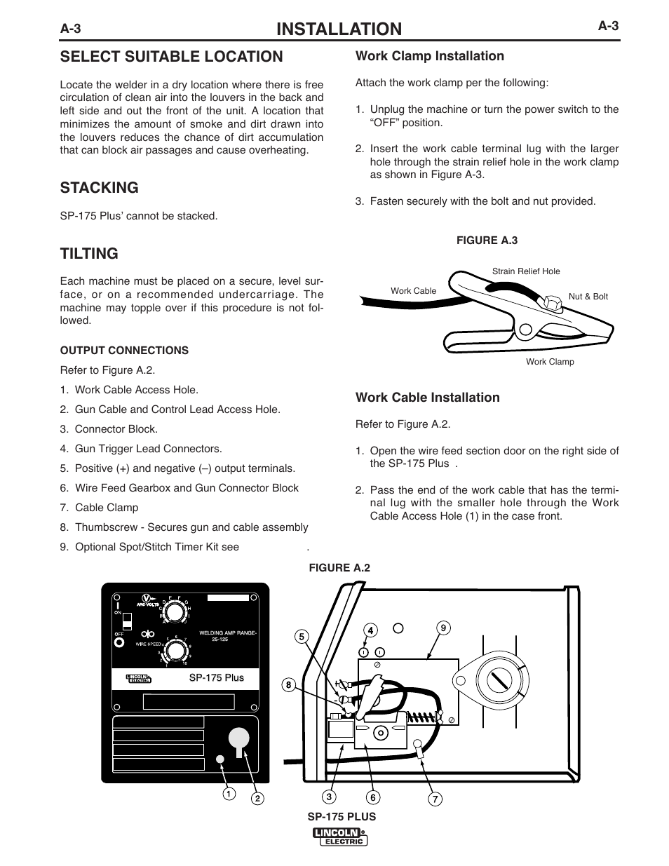Installation, Select suitable location, Stacking | Tilting | Lincoln Electric IM610-A User Manual | Page 10 / 49