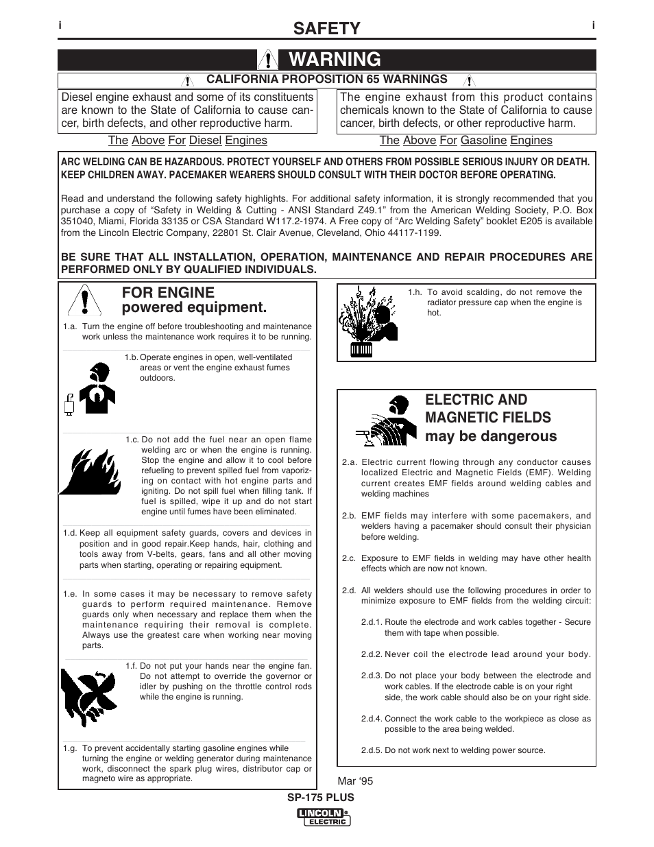 Warning, Safety, For engine powered equipment | Electric and magnetic fields may be dangerous | Lincoln Electric IM610-A User Manual | Page 2 / 49