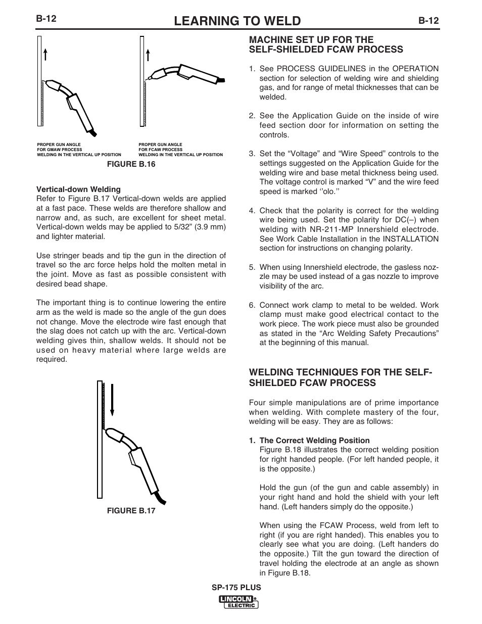 Learning to weld, B-12, Machine set up for the self-shielded fcaw process | Lincoln Electric IM610-A User Manual | Page 25 / 49