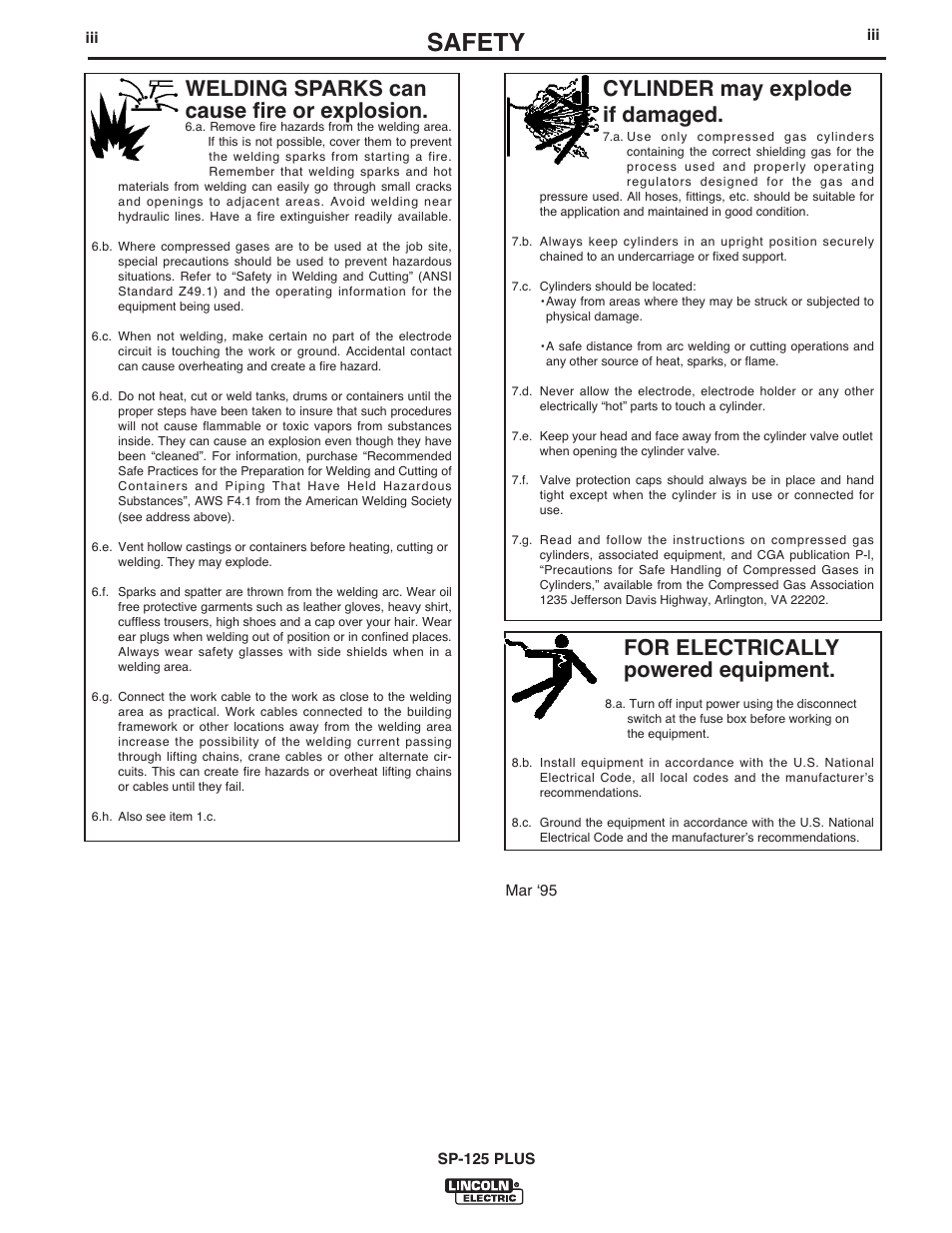 Safety, For electrically powered equipment, Cylinder may explode if damaged | Welding sparks can cause fire or explosion | Lincoln Electric IM610-A User Manual | Page 4 / 49