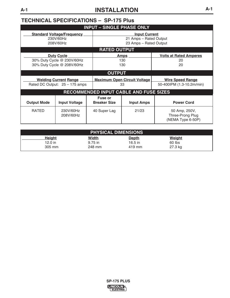 Installation, Technical specifications – sp-175 plus | Lincoln Electric IM610-A User Manual | Page 8 / 49