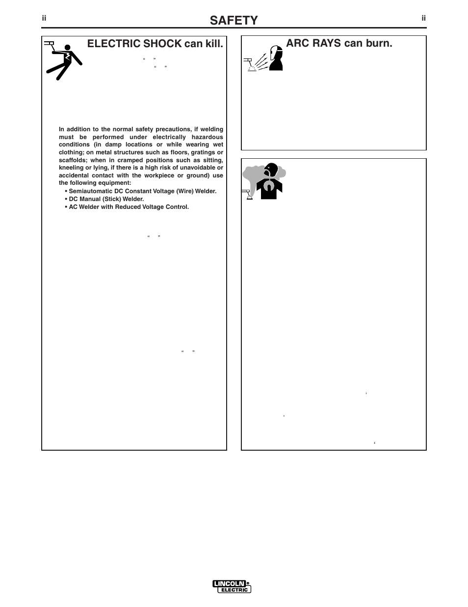 Safety, Arc rays can burn, Electric shock can kill | Fumes and gases can be dangerous | Lincoln Electric SQUARE WAVE IM607 User Manual | Page 3 / 34