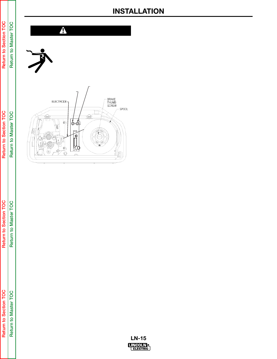 Installation, Warning | Lincoln Electric LN-15 WIRE FEEDER SVM166-A User Manual | Page 13 / 93