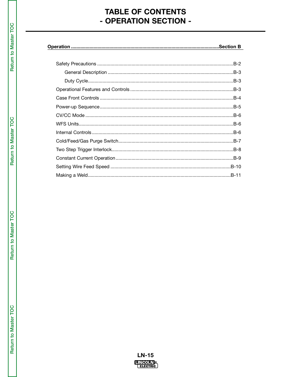 Section b - operation | Lincoln Electric LN-15 WIRE FEEDER SVM166-A User Manual | Page 15 / 93