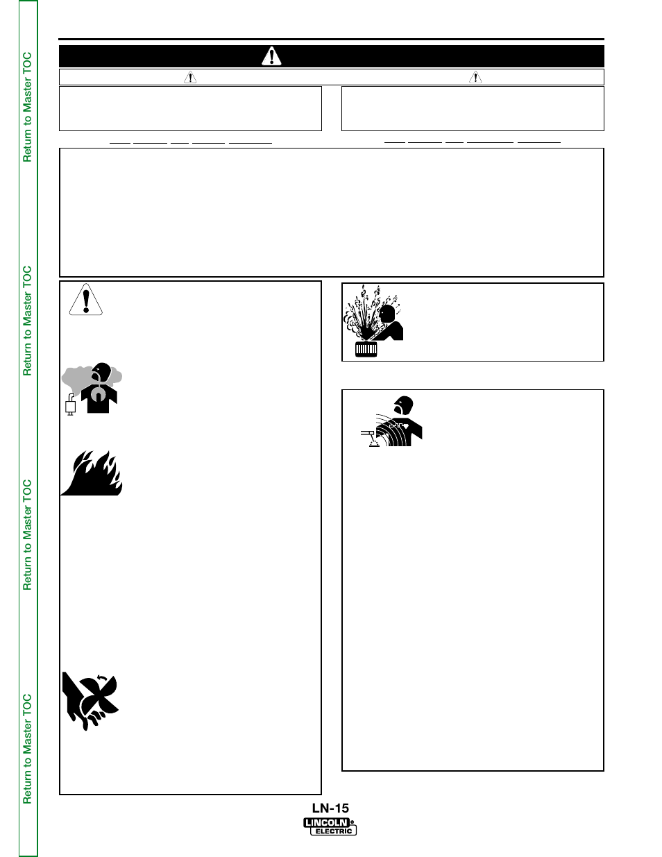 Safety, Iew safety info, Warning | For engine powered equipment, Electric and magnetic fields may be dangerous, Ln-15 | Lincoln Electric LN-15 WIRE FEEDER SVM166-A User Manual | Page 2 / 93