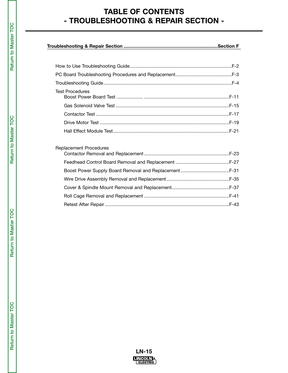 Section f - troubleshooting and repair | Lincoln Electric LN-15 WIRE FEEDER SVM166-A User Manual | Page 39 / 93