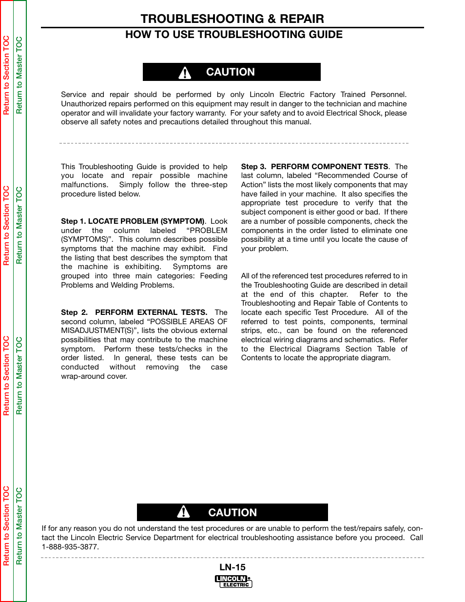 Troubleshooting & repair, How to use troubleshooting guide, Caution | Lincoln Electric LN-15 WIRE FEEDER SVM166-A User Manual | Page 40 / 93