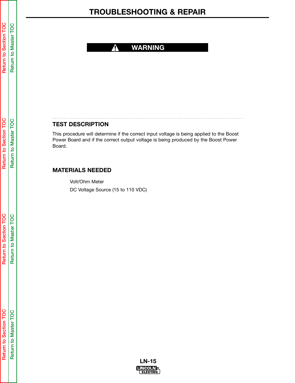 Perform the boost power, Supply board test, Troubleshooting & repair | Warning, Boost power board test | Lincoln Electric LN-15 WIRE FEEDER SVM166-A User Manual | Page 49 / 93