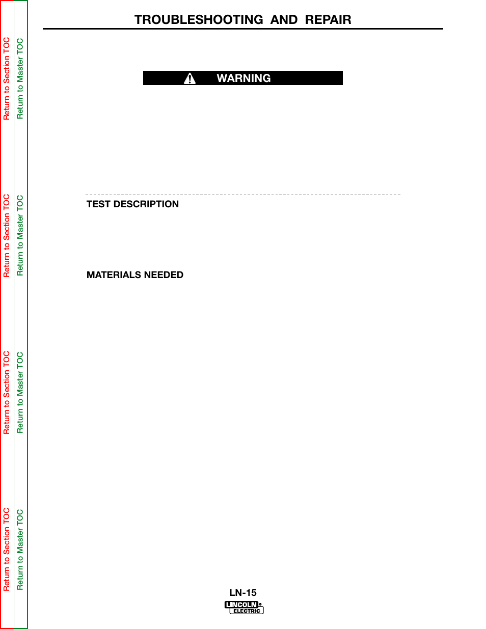 Ing perform the gas solenoid test, Perform the gas solenoid test, Troubleshooting and repair | Warning gas solenoid valve test | Lincoln Electric LN-15 WIRE FEEDER SVM166-A User Manual | Page 53 / 93