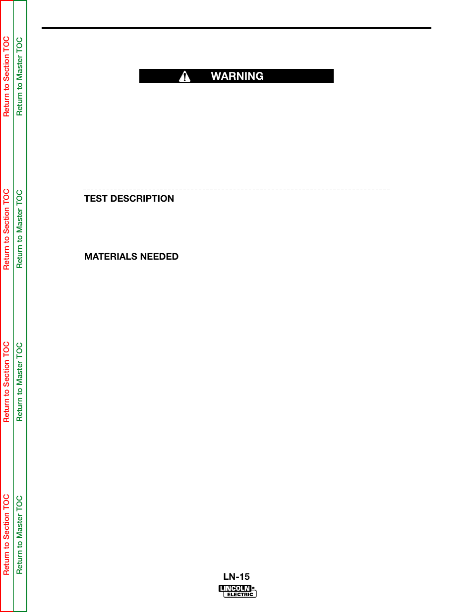 The wire drive motor, Test, Wire drive motor | Troubleshooting and repair, Warning drive motor test | Lincoln Electric LN-15 WIRE FEEDER SVM166-A User Manual | Page 57 / 93