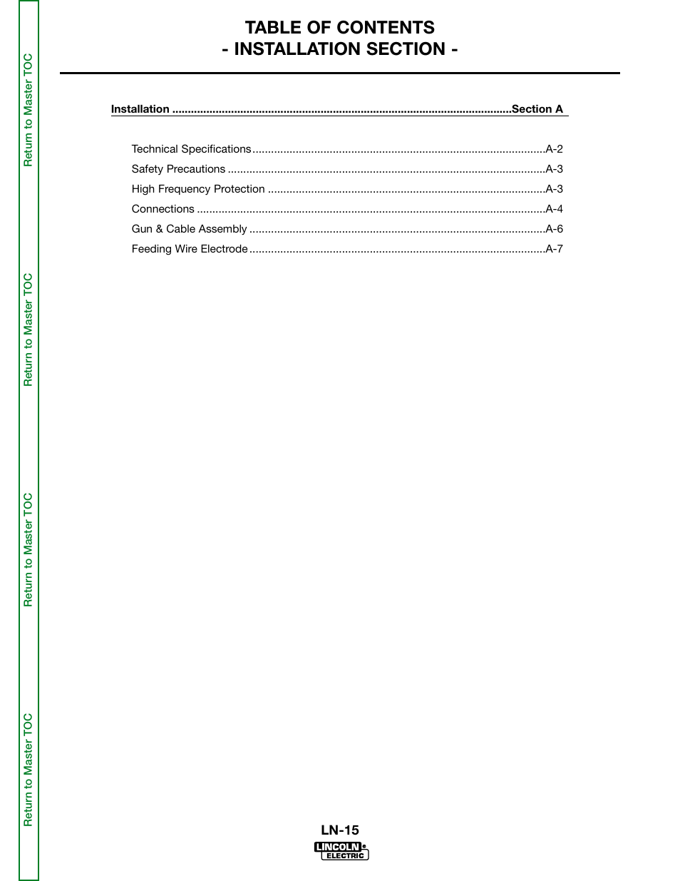 Section a - installation | Lincoln Electric LN-15 WIRE FEEDER SVM166-A User Manual | Page 7 / 93