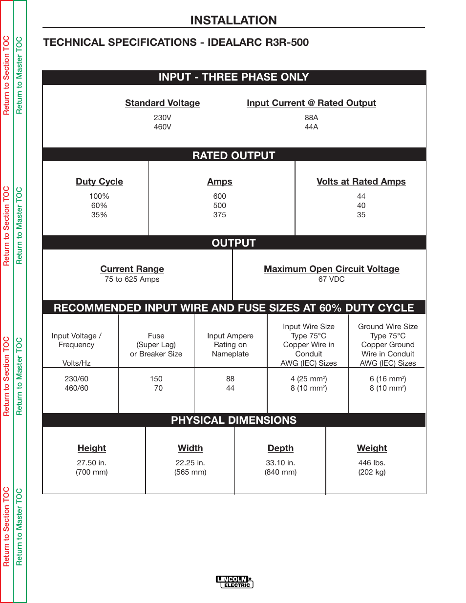 Installation, Rated output, Output | Physical dimensions | Lincoln Electric IDEALARC R3R-500 User Manual | Page 10 / 108
