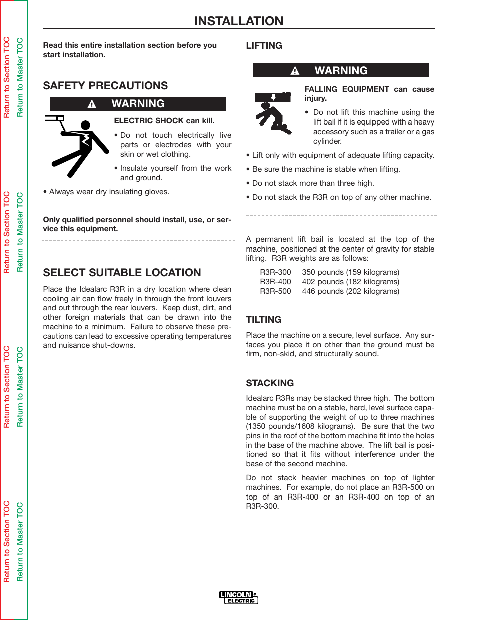 Lifting, Tilting, Installation | Safety precautions, Select suitable location, Warning | Lincoln Electric IDEALARC R3R-500 User Manual | Page 11 / 108