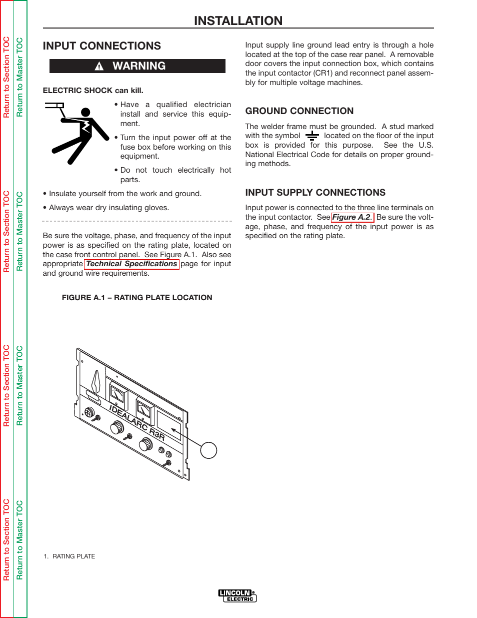 Installation, Input connections, Warning | Lincoln Electric IDEALARC R3R-500 User Manual | Page 12 / 108