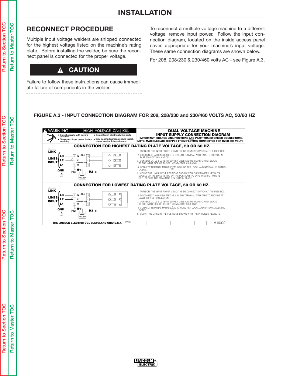 Oper input voltage connection. also see figure a.3, Installation, Reconnect procedure | Caution | Lincoln Electric IDEALARC R3R-500 User Manual | Page 14 / 108