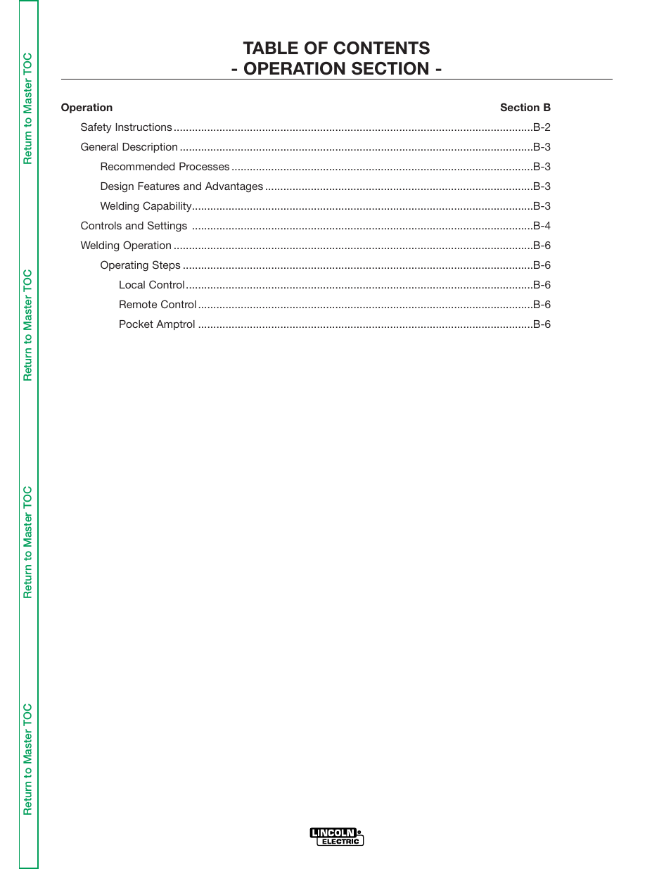 Section b operation | Lincoln Electric IDEALARC R3R-500 User Manual | Page 17 / 108