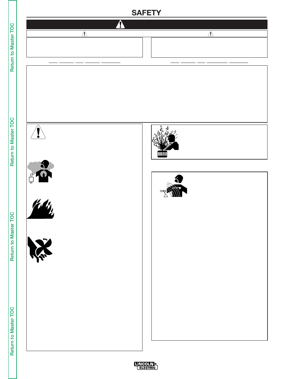 Safety, Iew safety info, Warning | For engine powered equipment, Electric and magnetic fields may be dangerous | Lincoln Electric IDEALARC R3R-500 User Manual | Page 2 / 108