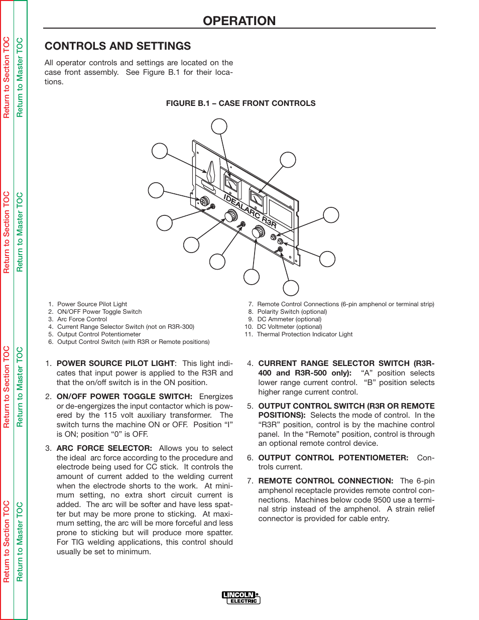 Operation, Controls and settings | Lincoln Electric IDEALARC R3R-500 User Manual | Page 20 / 108