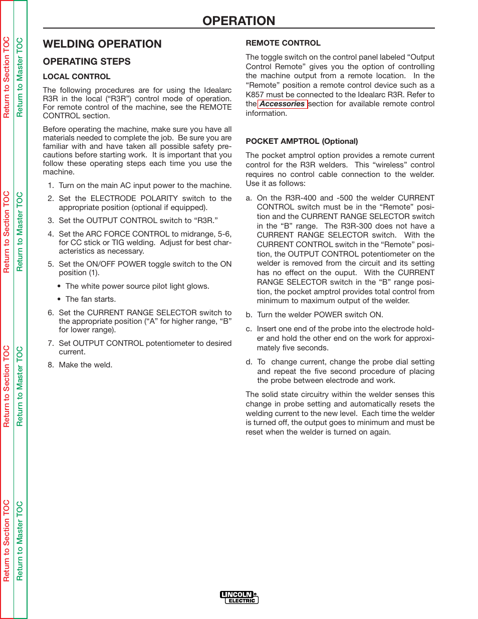 Operation, Welding operation | Lincoln Electric IDEALARC R3R-500 User Manual | Page 22 / 108
