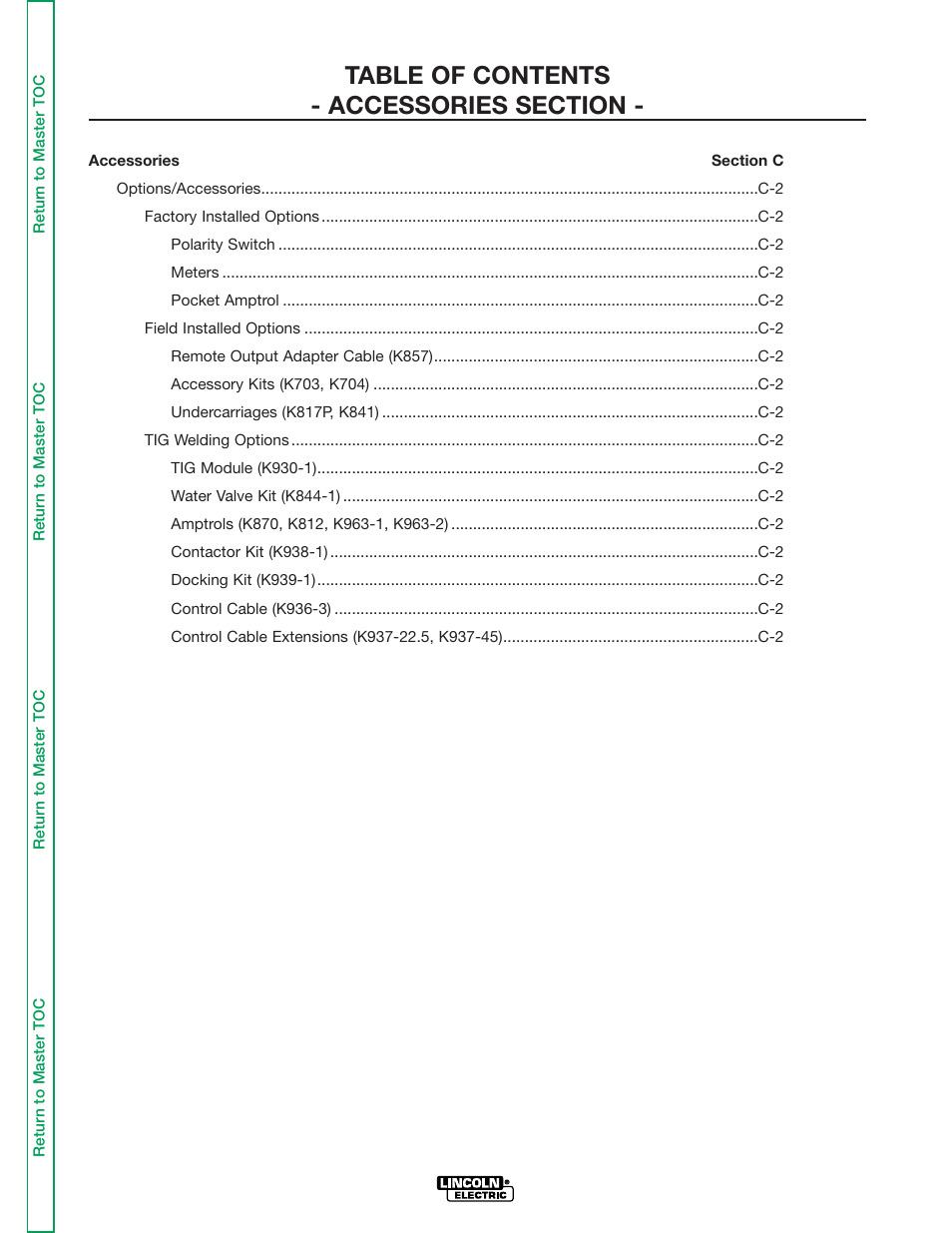 Section c accessories | Lincoln Electric IDEALARC R3R-500 User Manual | Page 23 / 108