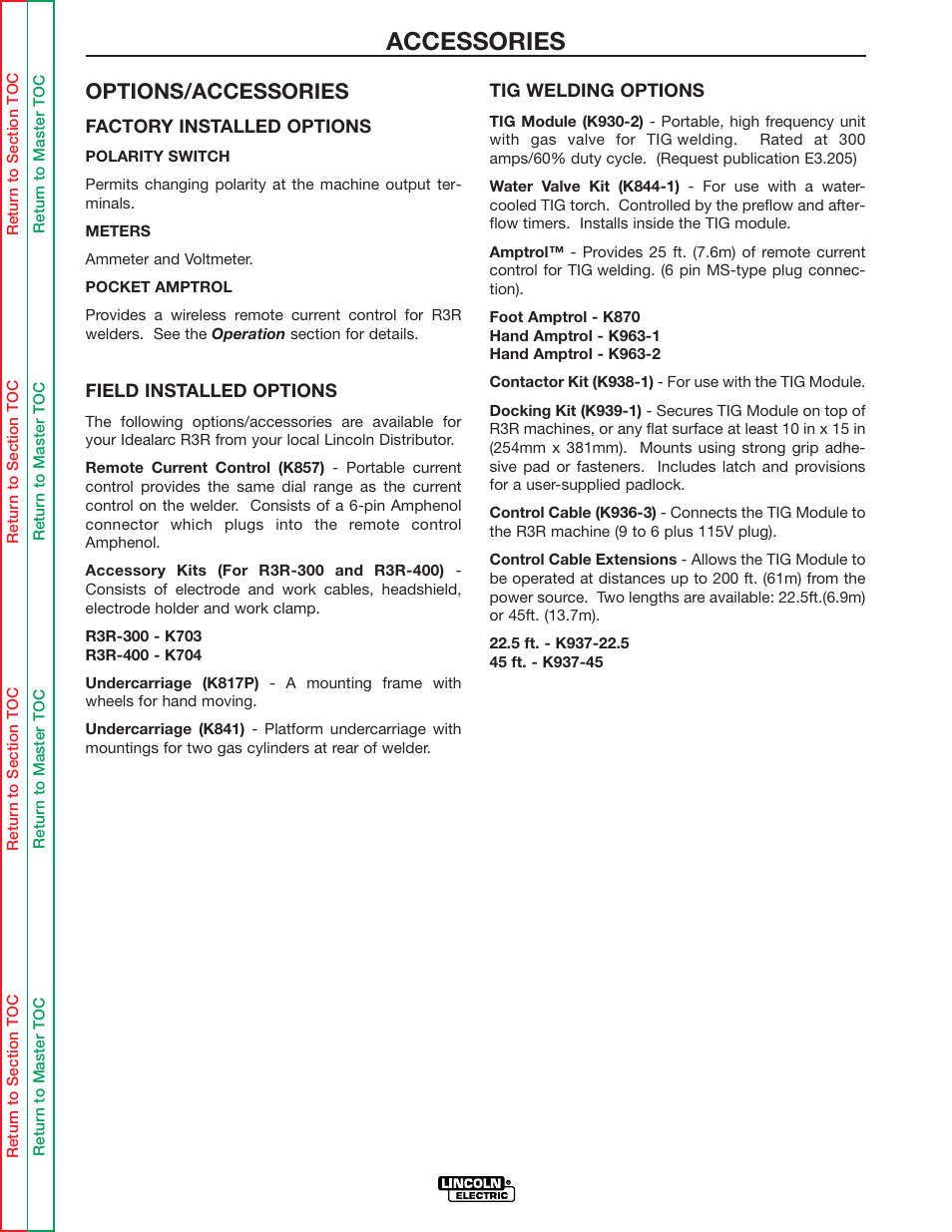 The accessories, Accessories, Options/accessories | Lincoln Electric IDEALARC R3R-500 User Manual | Page 24 / 108