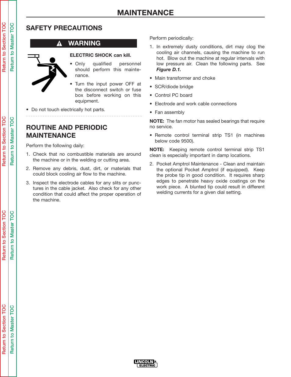 Maintenance, Safety precautions, Routine and periodic maintenance | Warning | Lincoln Electric IDEALARC R3R-500 User Manual | Page 26 / 108