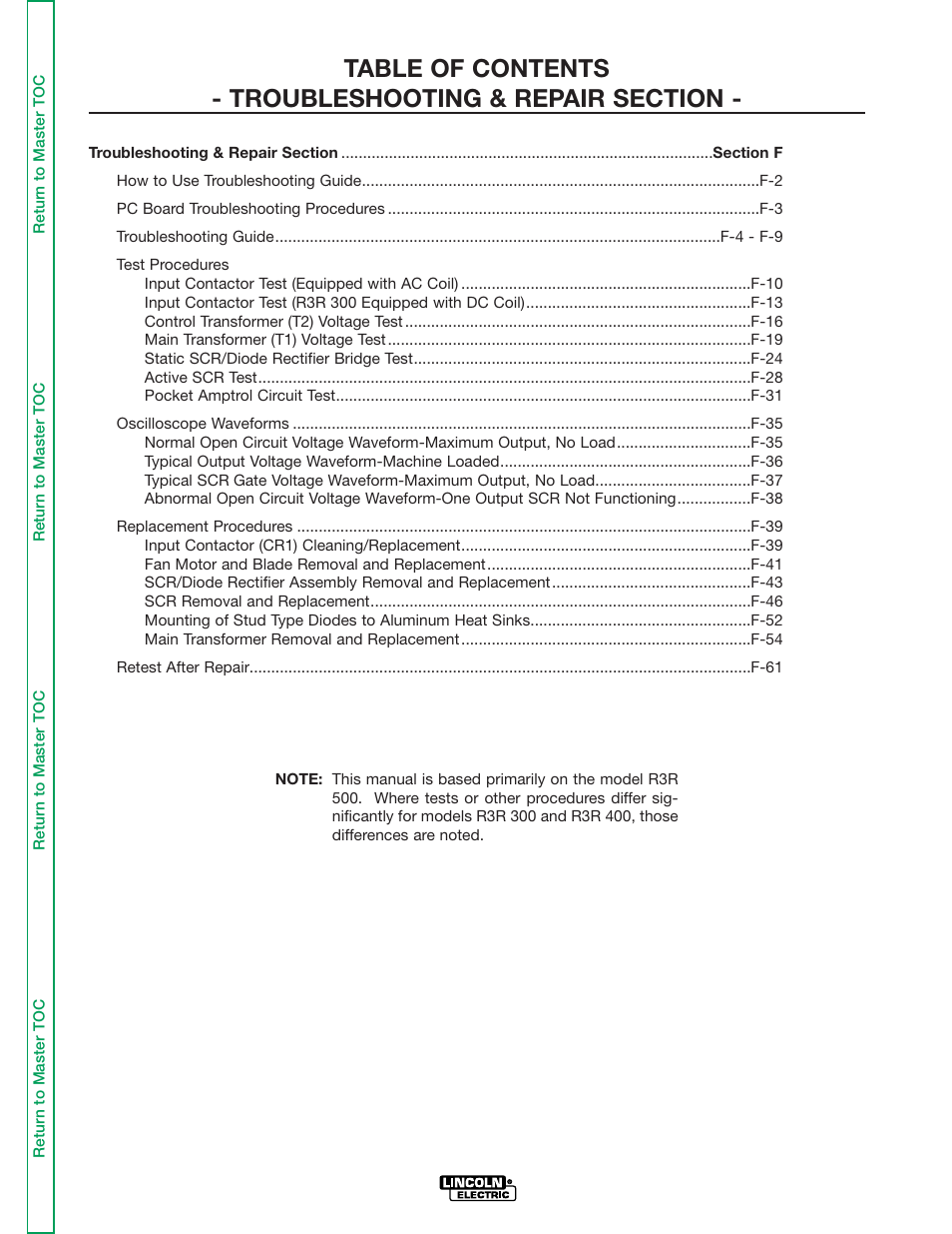 Section f troubleshooting & repair | Lincoln Electric IDEALARC R3R-500 User Manual | Page 35 / 108