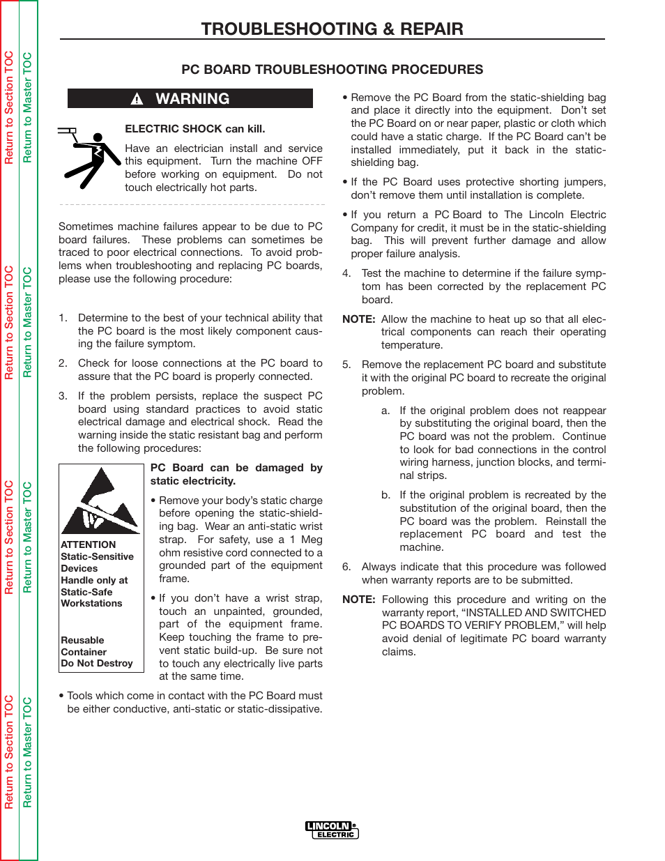 Troubleshooting & repair, Warning | Lincoln Electric IDEALARC R3R-500 User Manual | Page 37 / 108