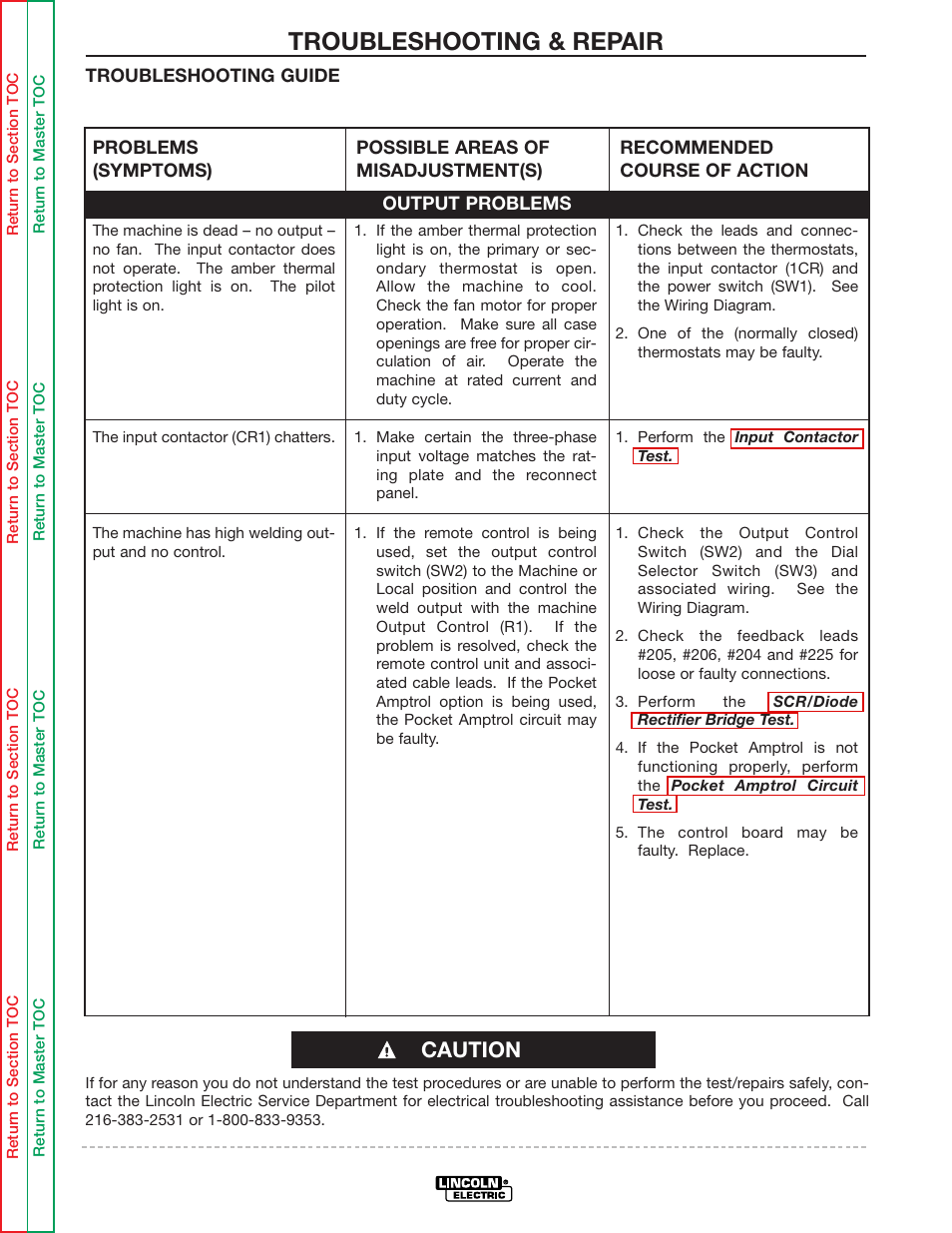 The input contactor (cr1) chatters, The machine has high welding output and no control, Troubleshooting & repair | Caution | Lincoln Electric IDEALARC R3R-500 User Manual | Page 39 / 108