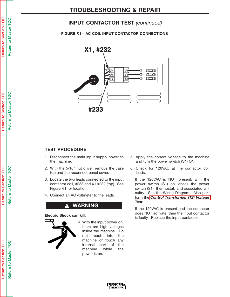 Troubleshooting & repair, Input contactor test (continued), Warning | Lincoln Electric IDEALARC R3R-500 User Manual | Page 45 / 108