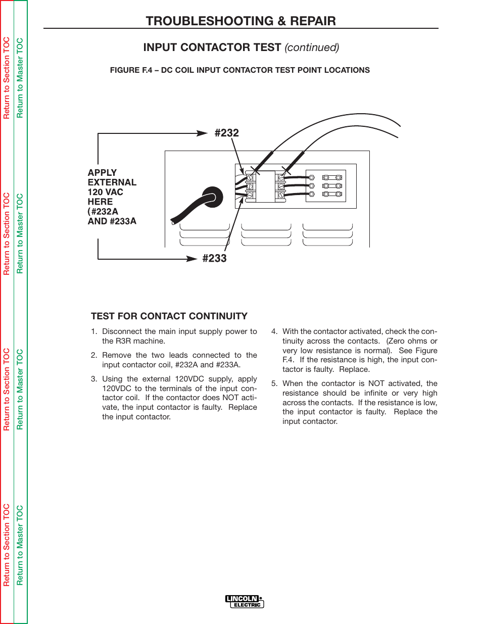 Troubleshooting & repair, Input contactor test (continued) | Lincoln Electric IDEALARC R3R-500 User Manual | Page 49 / 108