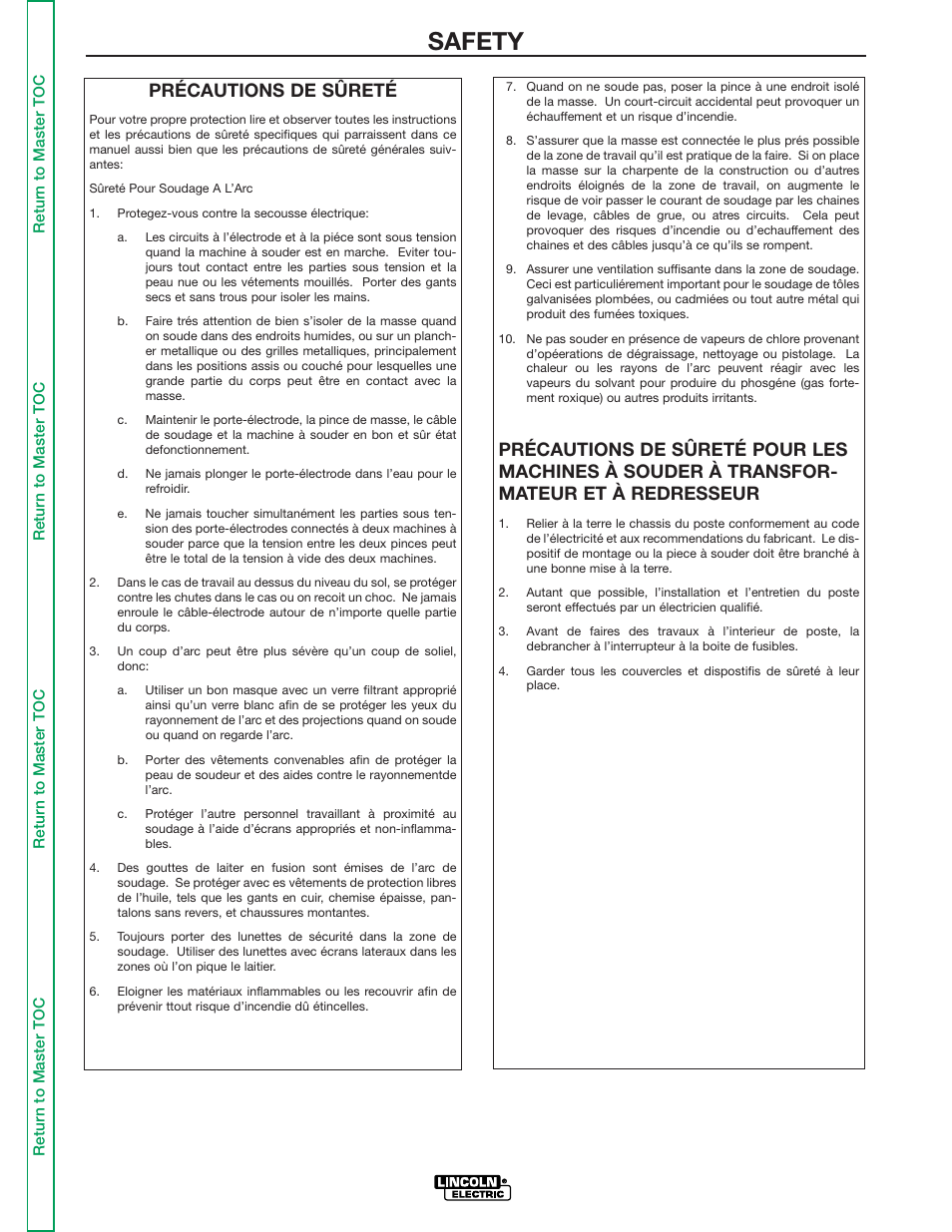 Safety, Précautions de sûreté | Lincoln Electric IDEALARC R3R-500 User Manual | Page 5 / 108