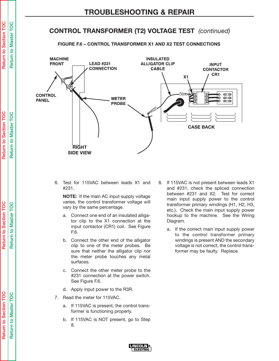 Nection. see figure f.6 .), Troubleshooting & repair, Control transformer (t2) voltage test (continued) | Lincoln Electric IDEALARC R3R-500 User Manual | Page 52 / 108