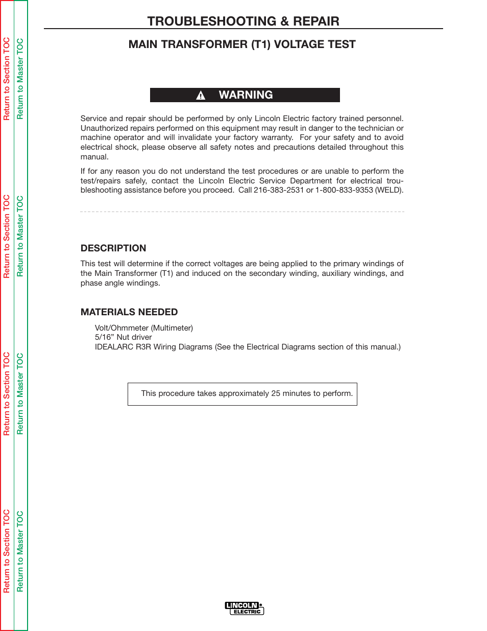 Perform the main transformer, Test, The main transformer | Perform the main trans, Former test, Troubleshooting & repair, Warning main transformer (t1) voltage test | Lincoln Electric IDEALARC R3R-500 User Manual | Page 53 / 108