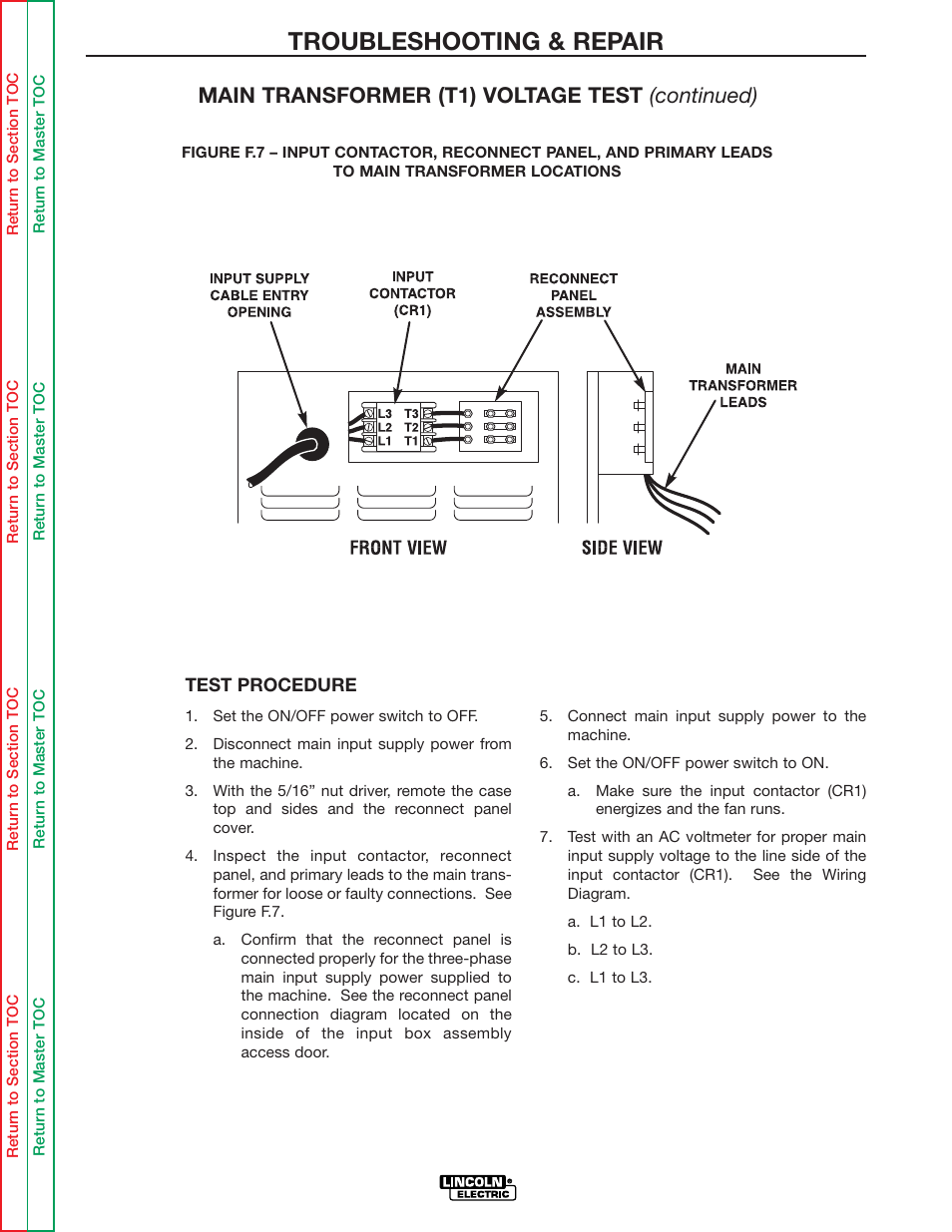 Troubleshooting & repair, Main transformer (t1) voltage test (continued) | Lincoln Electric IDEALARC R3R-500 User Manual | Page 54 / 108