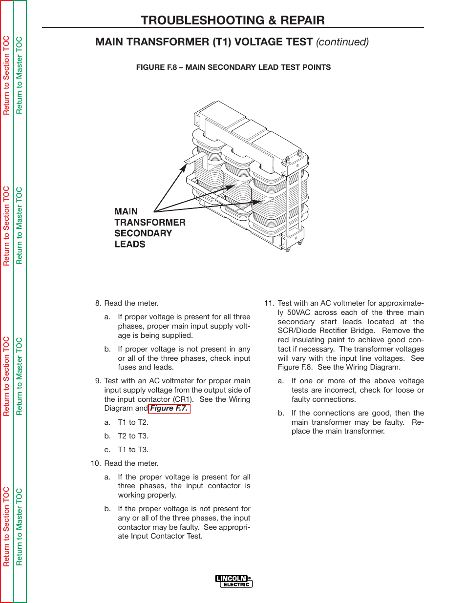 Troubleshooting & repair, Main transformer (t1) voltage test (continued) | Lincoln Electric IDEALARC R3R-500 User Manual | Page 55 / 108