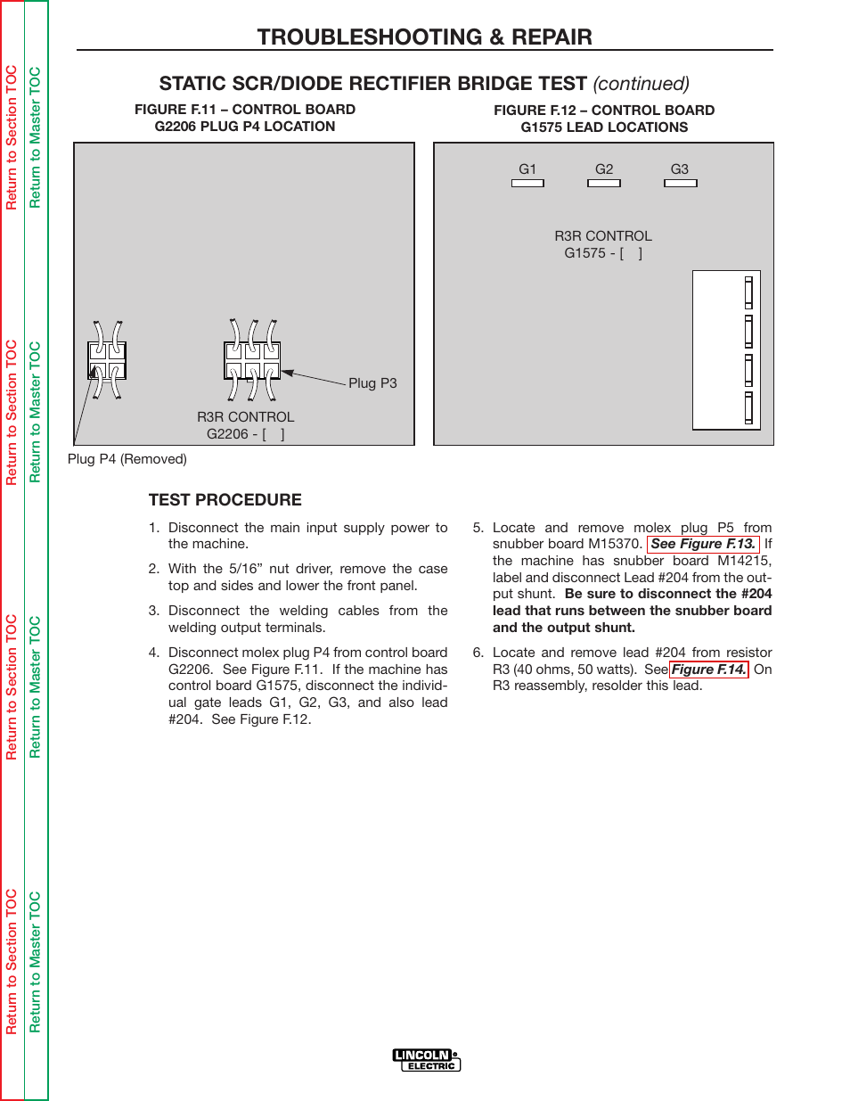 Troubleshooting & repair, Static scr/diode rectifier bridge test (continued) | Lincoln Electric IDEALARC R3R-500 User Manual | Page 59 / 108