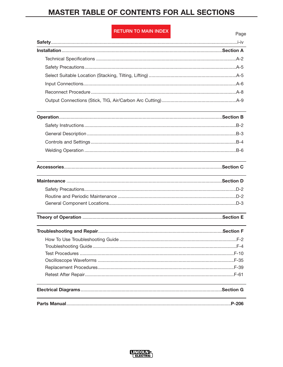 Master toc, Retur, N to master toc | Lincoln Electric IDEALARC R3R-500 User Manual | Page 6 / 108
