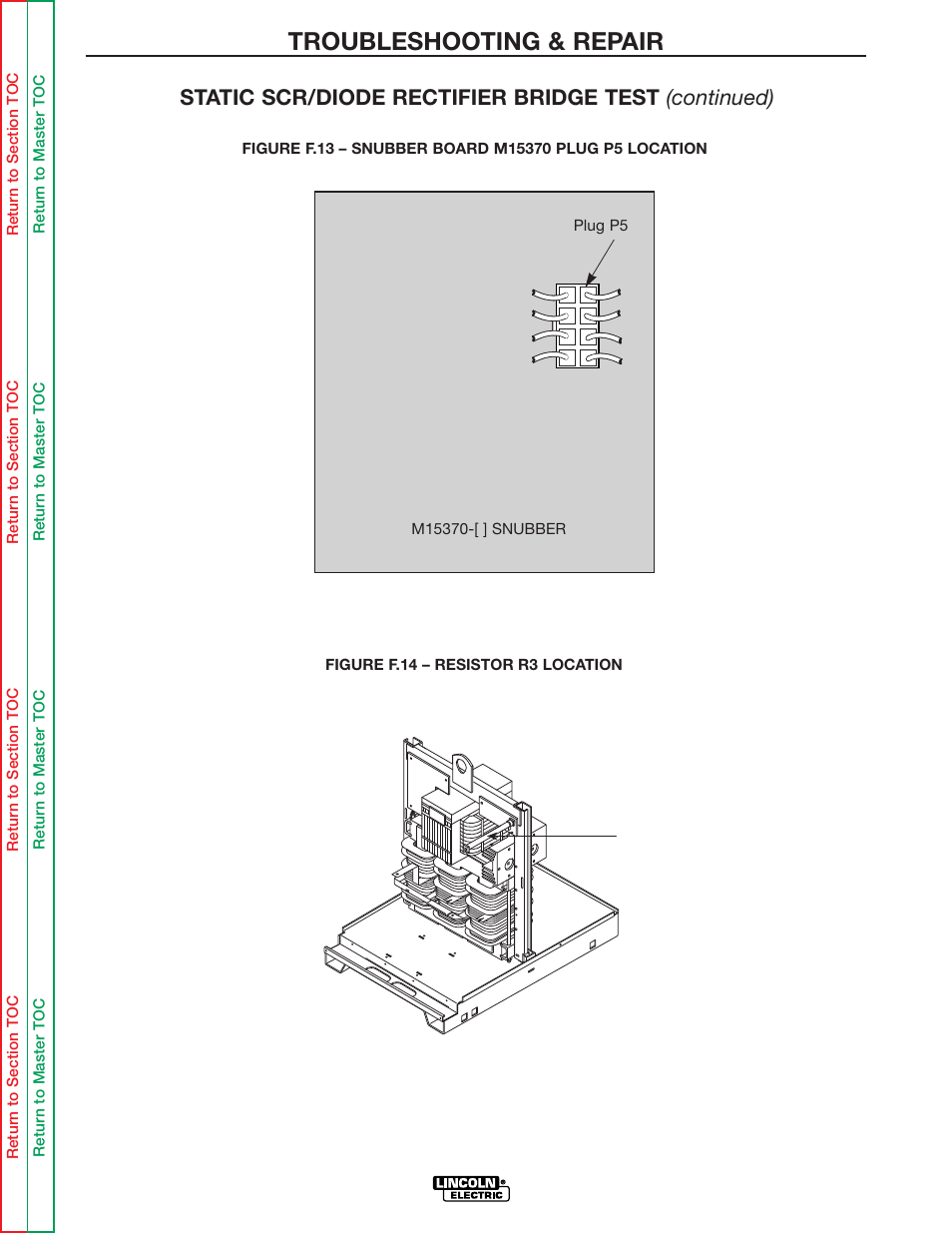 D m15370. see figure f.13, R3 (40 ohms, 50 watts). see figure f.14, Troubleshooting & repair | Static scr/diode rectifier bridge test (continued) | Lincoln Electric IDEALARC R3R-500 User Manual | Page 60 / 108
