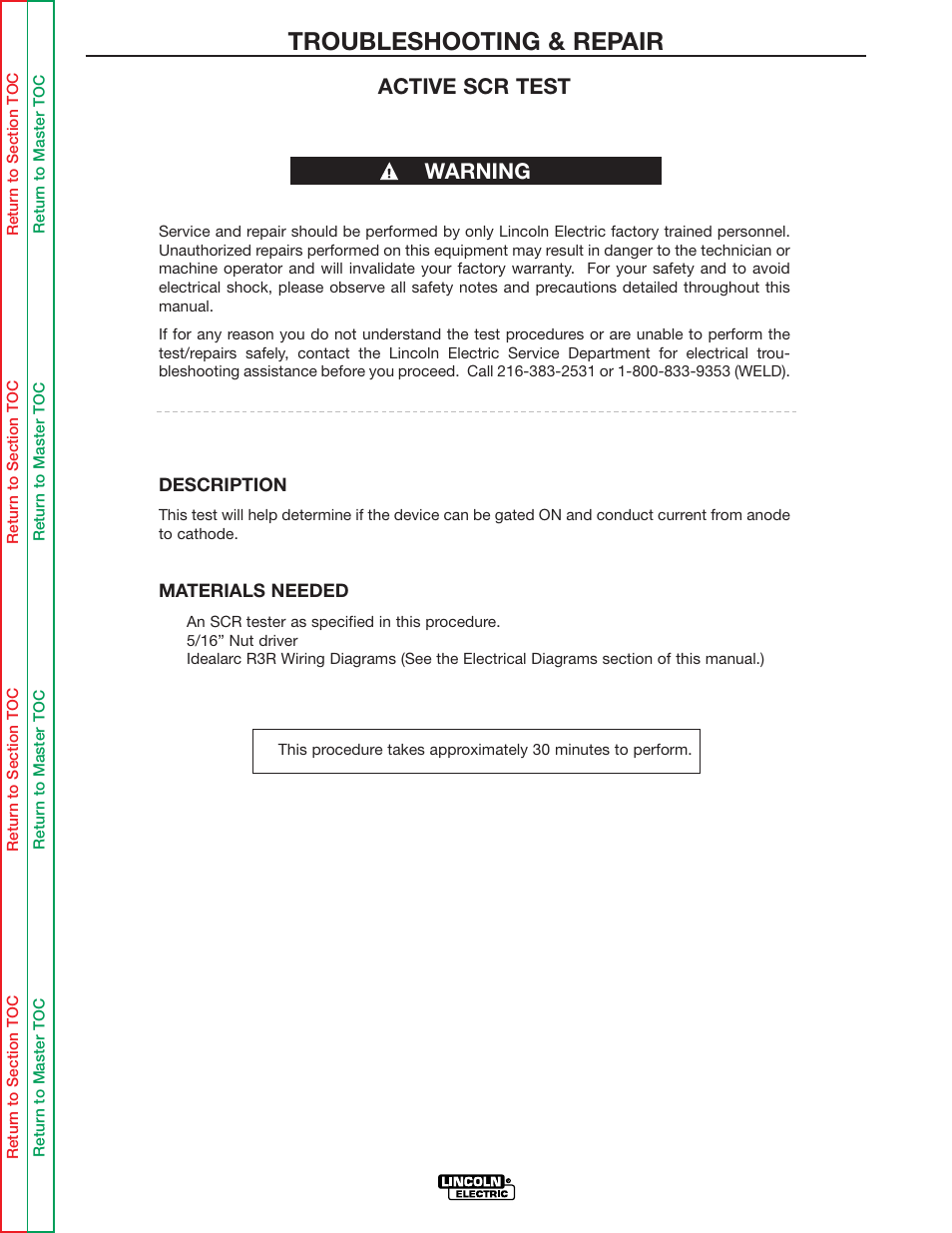 Further test the scrs, go to the active scr test, Troubleshooting & repair, Warning active scr test | Lincoln Electric IDEALARC R3R-500 User Manual | Page 62 / 108