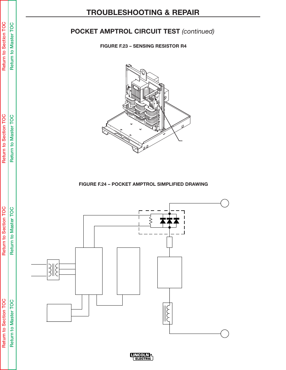 Leads #75, #76 and #77) (see figure f.24 ), Figure f.23, Troubleshooting & repair | Pocket amptrol circuit test (continued), F-34 | Lincoln Electric IDEALARC R3R-500 User Manual | Page 68 / 108