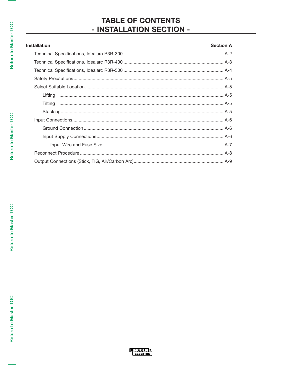 Section a installation | Lincoln Electric IDEALARC R3R-500 User Manual | Page 7 / 108