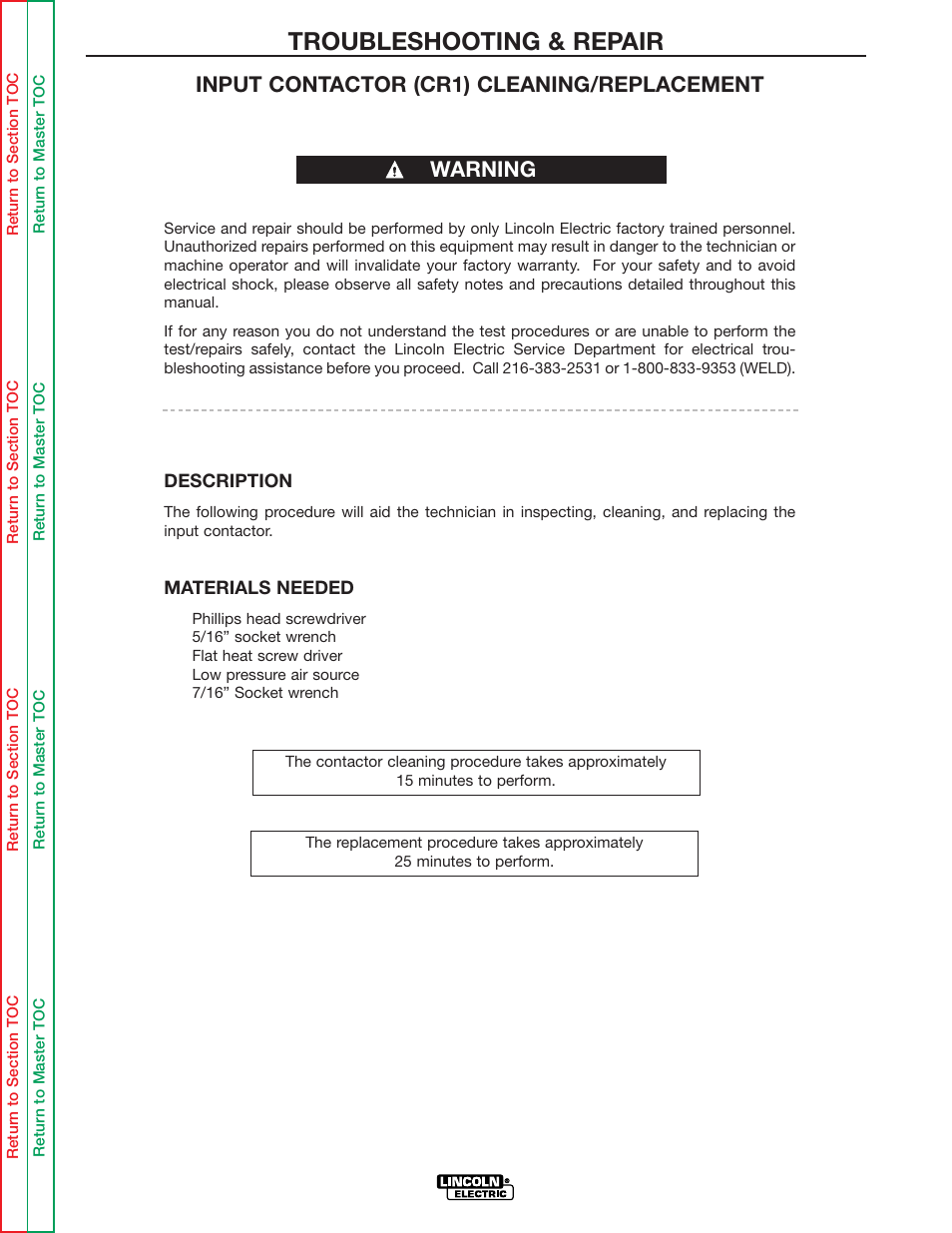 Troubleshooting & repair, Warning input contactor (cr1) cleaning/replacement | Lincoln Electric IDEALARC R3R-500 User Manual | Page 73 / 108