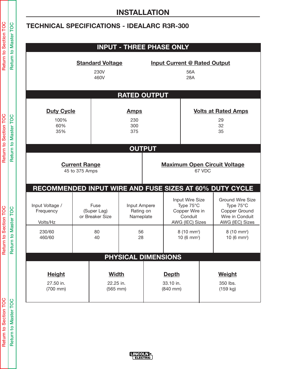 Installation, Rated output, Output | Physical dimensions | Lincoln Electric IDEALARC R3R-500 User Manual | Page 8 / 108