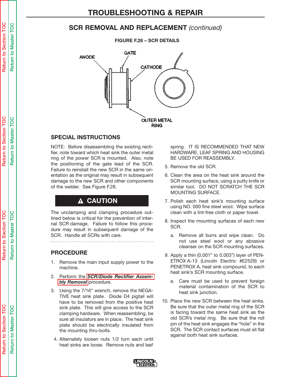 Troubleshooting & repair, Scr removal and replacement (continued), Caution | Lincoln Electric IDEALARC R3R-500 User Manual | Page 81 / 108
