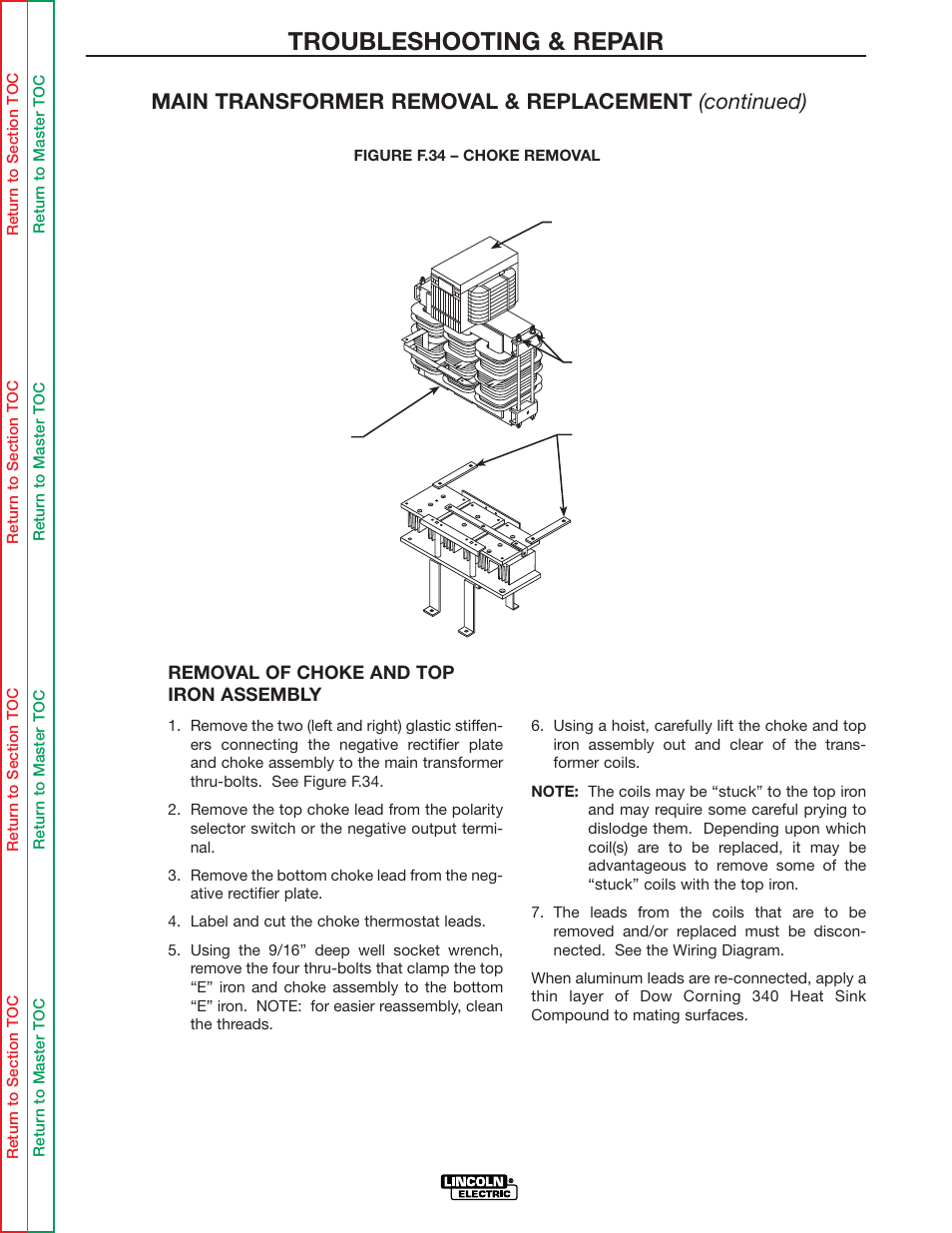Troubleshooting & repair, Main transformer removal & replacement (continued) | Lincoln Electric IDEALARC R3R-500 User Manual | Page 90 / 108
