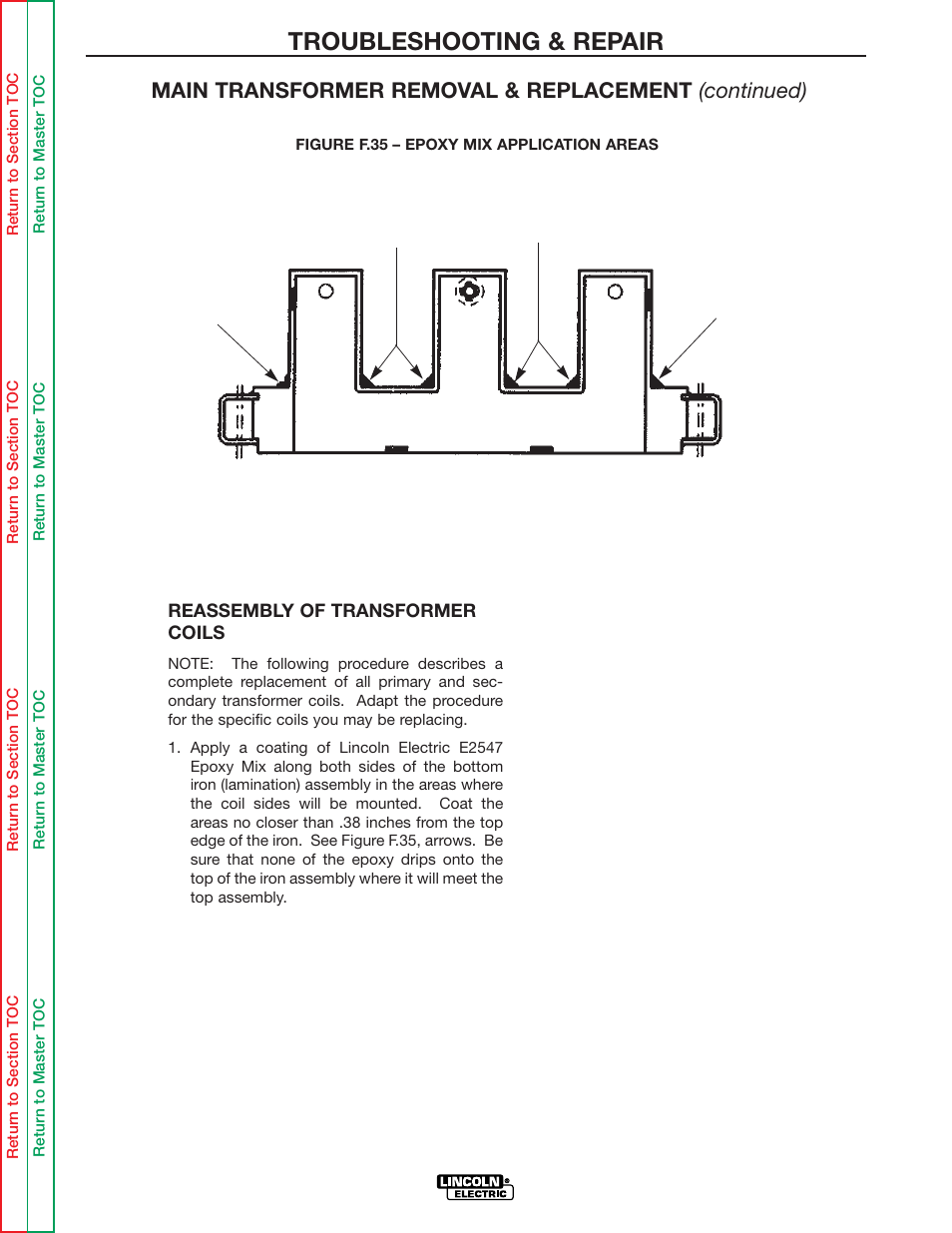 Troubleshooting & repair, Main transformer removal & replacement (continued) | Lincoln Electric IDEALARC R3R-500 User Manual | Page 91 / 108